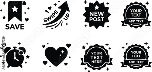 Black and white save heart arrow swipe up new post badges vector art