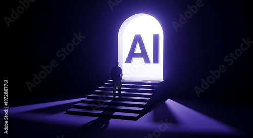 Person walking up stairs towards glowing AI archway with bright light, representing future technology and artificial intelligence.