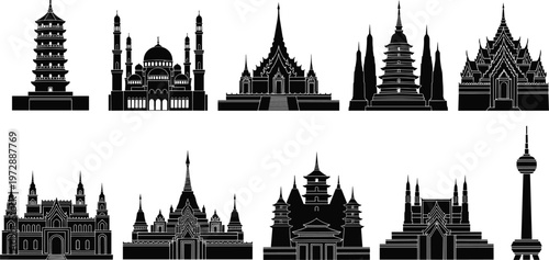 Asian landmark silhouettes collection with oriental temples pagodas mosques and traditional buildings set black vector illustration for travel and cultural design