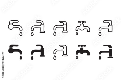 Set of Water Faucet Icons with Dripping Drops