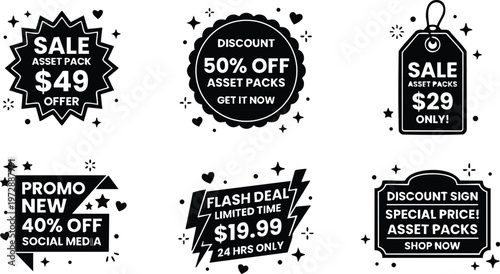 Black and white sale promo badges with discount text and price offers