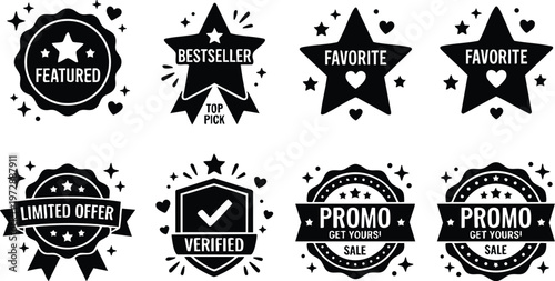 Black and white promo featured bestseller favorite verified limited offer badges vector art