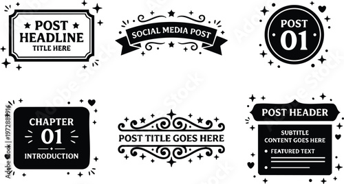Black and white calligraphic text badges with stars hearts and banners for social media posts