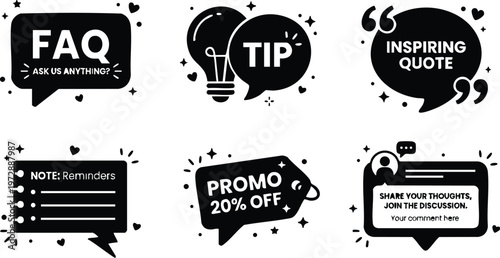 Black and white faq tip inspiring quote promo note speech bubbles vector art