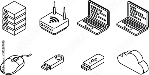 Set of Isometric Computer Hardware and Network Icons