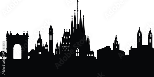 Barcelona city skyline silhouette vector illustration featuring Sagrada Familia and Arc de Triomf landmarks for Spain travel and European tourism