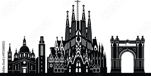 Barcelona City Skyline Silhouette Featuring Sagrada Familia Cathedral Arc De Triomf And Famous Spanish Architecture Landmarks Vector Illustration For Travel Tourism