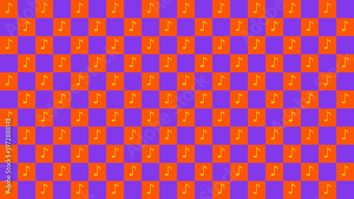 Musical Melody Checkered Pattern: This vibrant checkered pattern features a harmonious blend of orange and purple squares, each adorned with a musical note, creating a visually dynamic design. 
