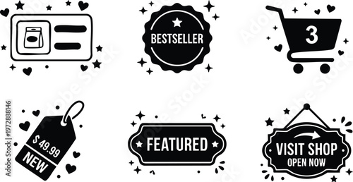 Black and white bestseller badge price tag featured label shopping cart icons set