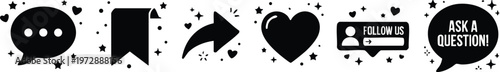 Black social media icon set with chat heart bookmark and follow us symbols