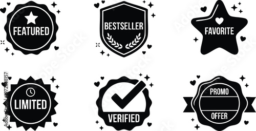 Black and white featured bestseller favorite limited verified promo offer badges vector art