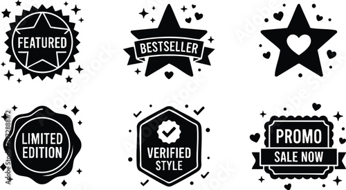 Black and white featured bestseller limited edition badges with stars hearts and sparkles