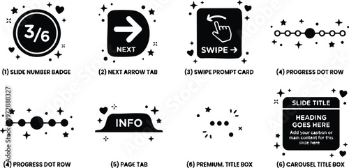 Black and white user interface icons with slide number badge next arrow swipe prompt and progress dots