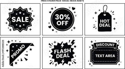 Black and white sale flash deal promo discount price sticker pack vector art