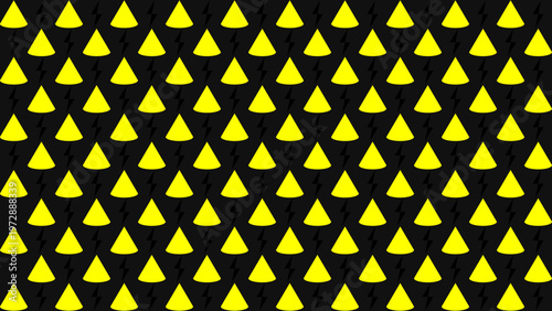 Geometric Precision: A visually striking pattern comprised of repeated yellow cone shapes on a deep black background, a study in contrasts and rhythmic design. 