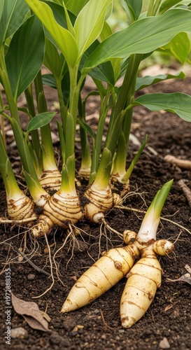 Freshly Harvested Turmeric Roots and Plants in Rich Soil.
