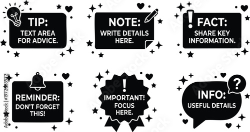 Black and white calligraphic tip note fact reminder important info text boxes vector art