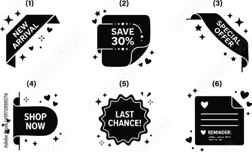 Black and white discount and sale promotional ribbons with sparkles vector art