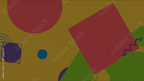 Geometric Abstraction: A captivating abstract composition of basic geometric shapes like circles, squares, and lines, each rendered in a vibrant color palette, interplays.