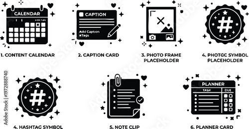 Black and white social media content icons including calendar caption photo frame hashtag note clip and planner card flat design