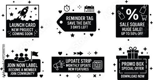 Black and white launch card reminder tag sale square join now label update strip promo box icons