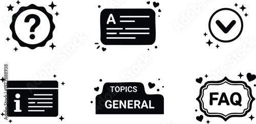 Black and white faq and general topics icons set with decorative stars and hearts