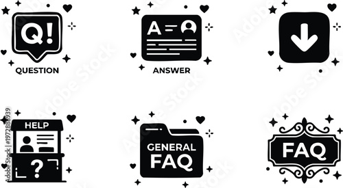 Black and white question answer help icons with decorative stars and hearts
