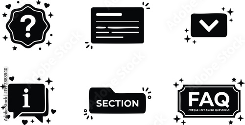 Black and white faq frequently asked questions vector icon set with question mark and information symbols
