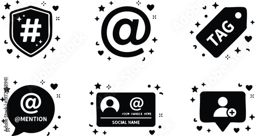 Black hashtag mention and tag icons with social media symbols and decorative stars hearts