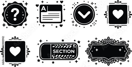 Black and white ornamental badge icons with hearts stars and section label