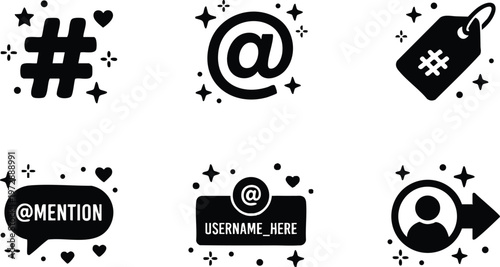 Black and white social media icons with hashtag and at mention symbols