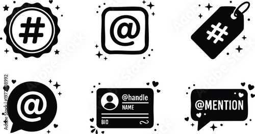 Black and white hashtag and at sign social media vector icons with sparkles and hearts