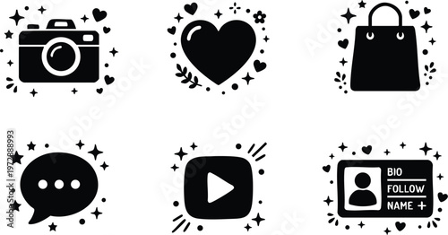 Black silhouette icons camera heart shopping bag chat play button profile card with bio and follow