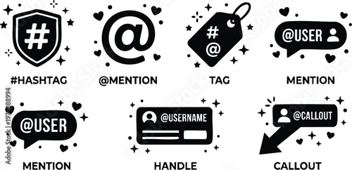Black and white social media hashtag mention tag callout handle icons set