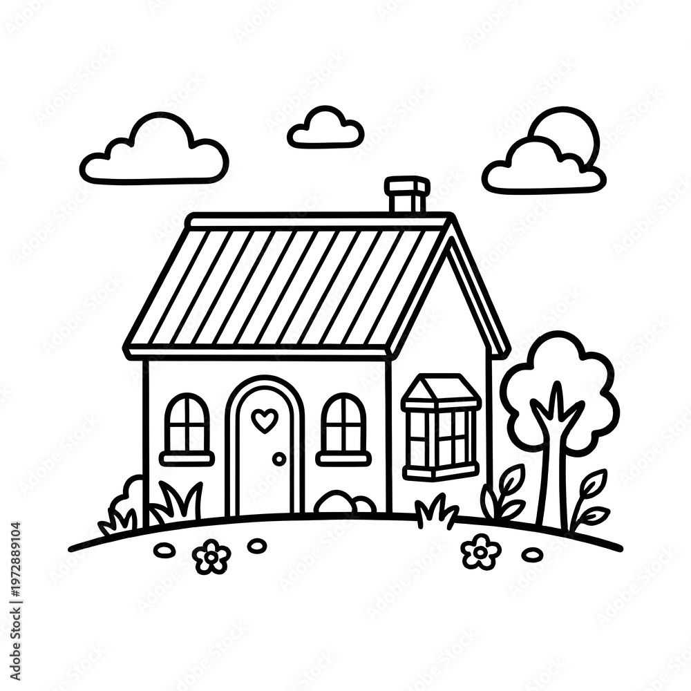 Naklejka premium Tiny House Outline Illustration, Minimal Compact Living Line Art Vector