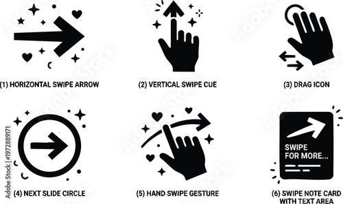 Black and white hand swipe gestures and arrow icons for touchscreen navigation