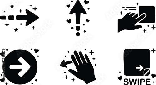 Black and white swipe gesture icons with stars and hearts