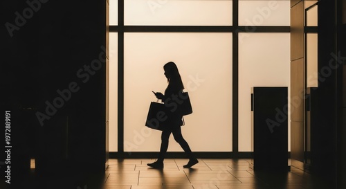 Silhouette of a woman walking with shopping bags and smartphone near a window with golden light