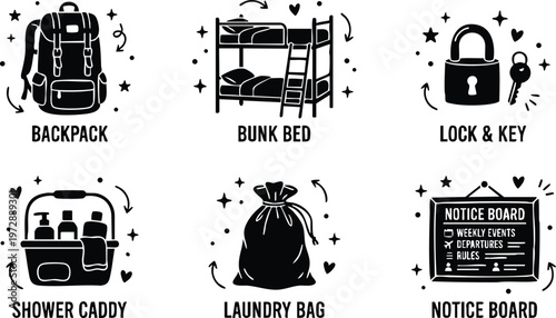 Backpack bunk bed lock and key shower caddy laundry bag and notice board icons