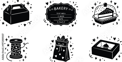 Black and white bakery label with cake box gift bag and spool vector art