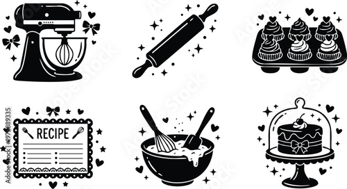 Baking tools cupcakes cake and recipe card