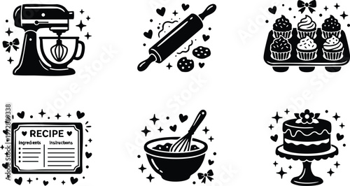 Black and white kitchen mixer rolling pin cupcakes recipe and cake baking icons