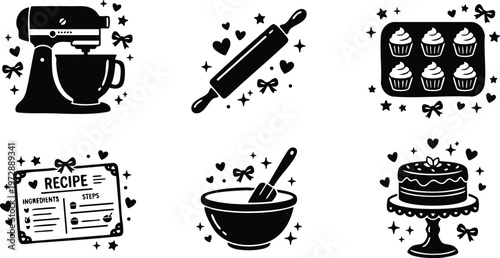 Black and white baking tools and desserts vector art with recipe card and decorations