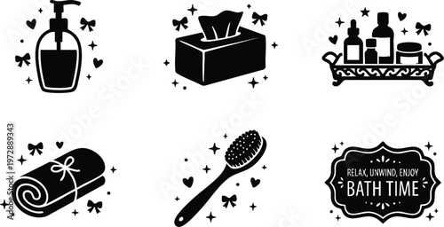 Black and white bath time text with toiletry bottles towel soap and brush icons
