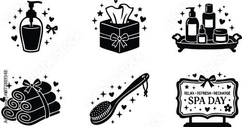 Black and white spa day sign with bath brush towels and cosmetic bottles vector art