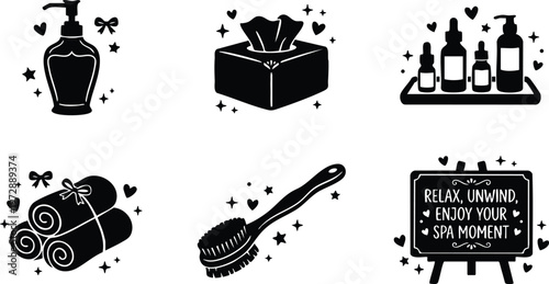 Black and white spa items with bottles towels brush and relax unwind sign vector art