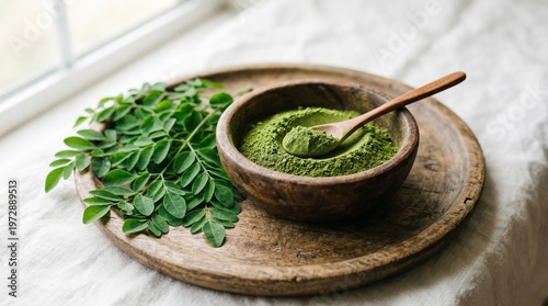 Fresh Moringa Leaves Next to a Bowl of Vibrant Green Powder on a Rustic Tray