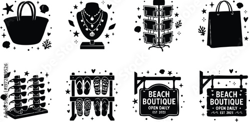 Black and white beach boutique icons including bags jewelry and sandals flat vector art