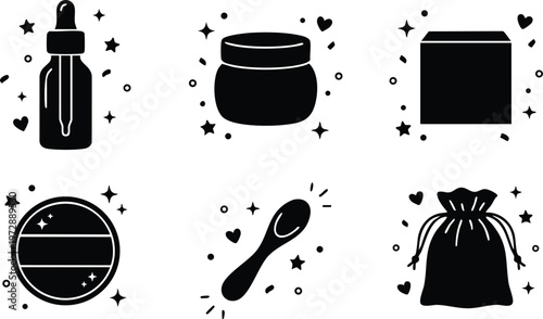 Black cosmetic container dropper jar spoon and pouch silhouette vector art