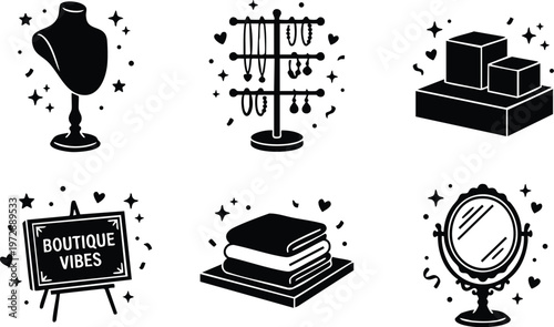 Black and white boutique vibes icons with jewelry stand mirror and folded towels